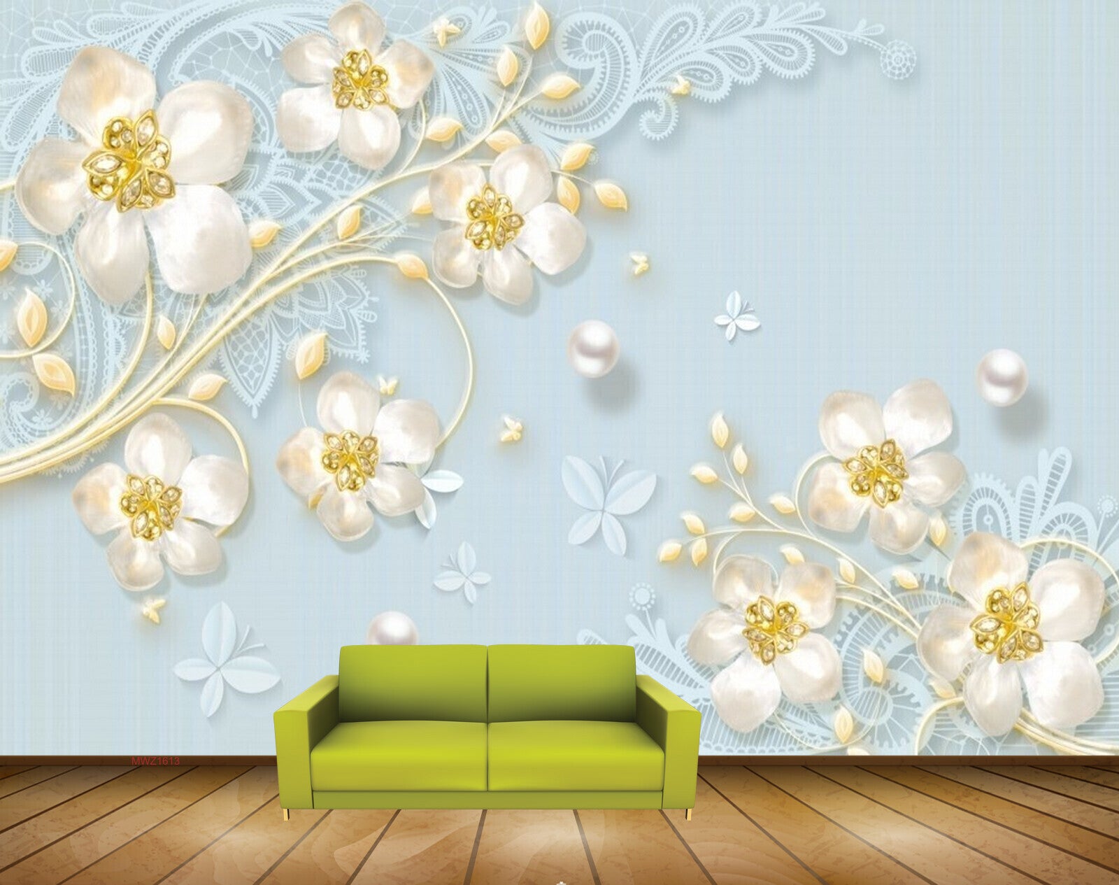 Avikalp MWZ1613 White Yellow Flowers Butterflies 3D HD Wallpaper