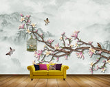 Avikalp MWZ1641 Pink Yellow Flowers Birds Cage HD Wallpaper