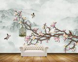 Avikalp MWZ1641 Pink Yellow Flowers Birds Cage 3D HD Wallpaper