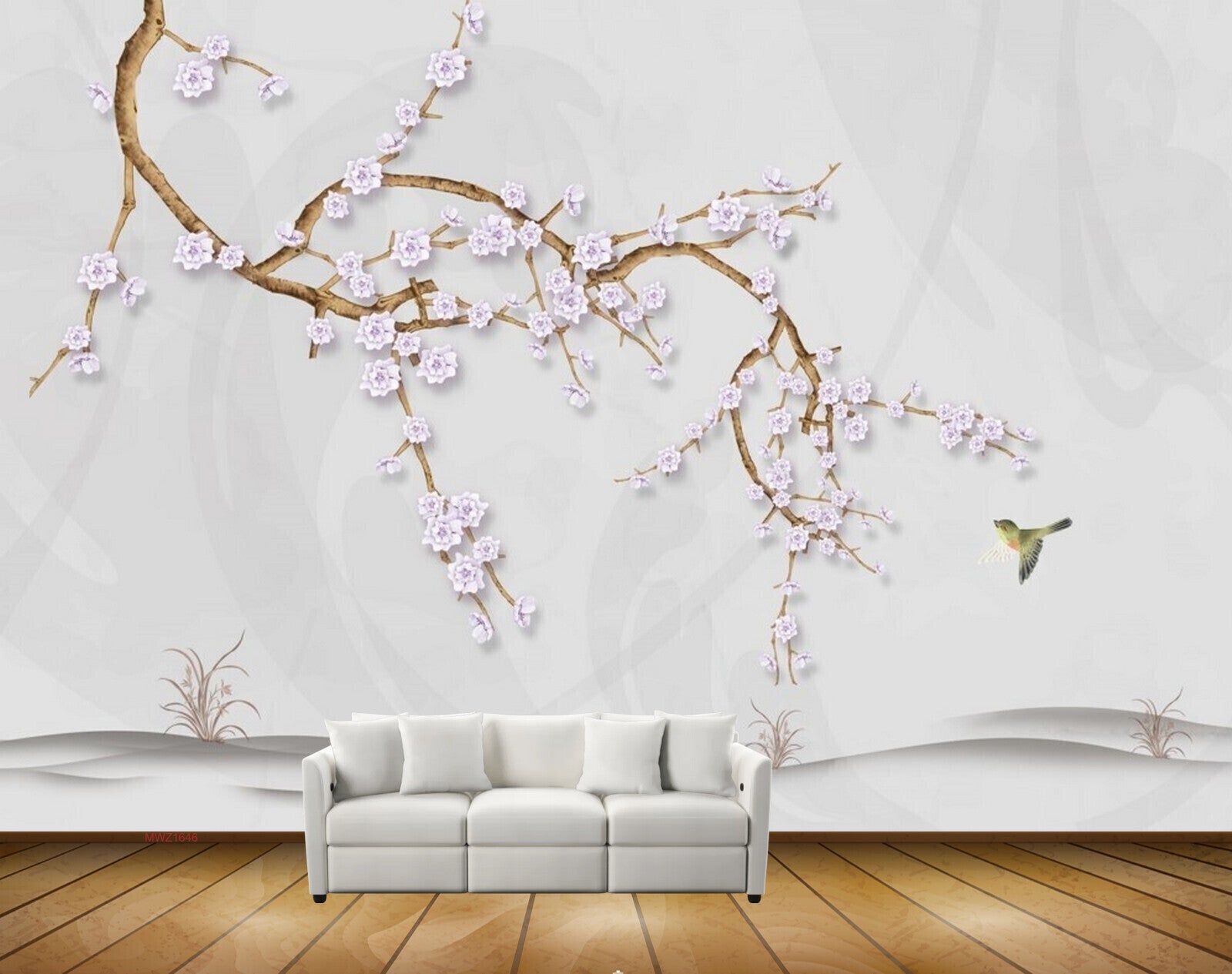 Avikalp MWZ1646 White Flowers Branches Birds HD Wallpaper