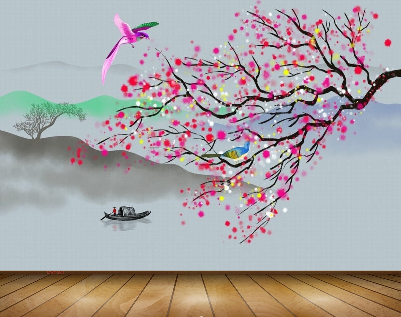 Avikalp MWZ1651 Pink Flowers Branches Boat Birds 3D HD Wallpaper