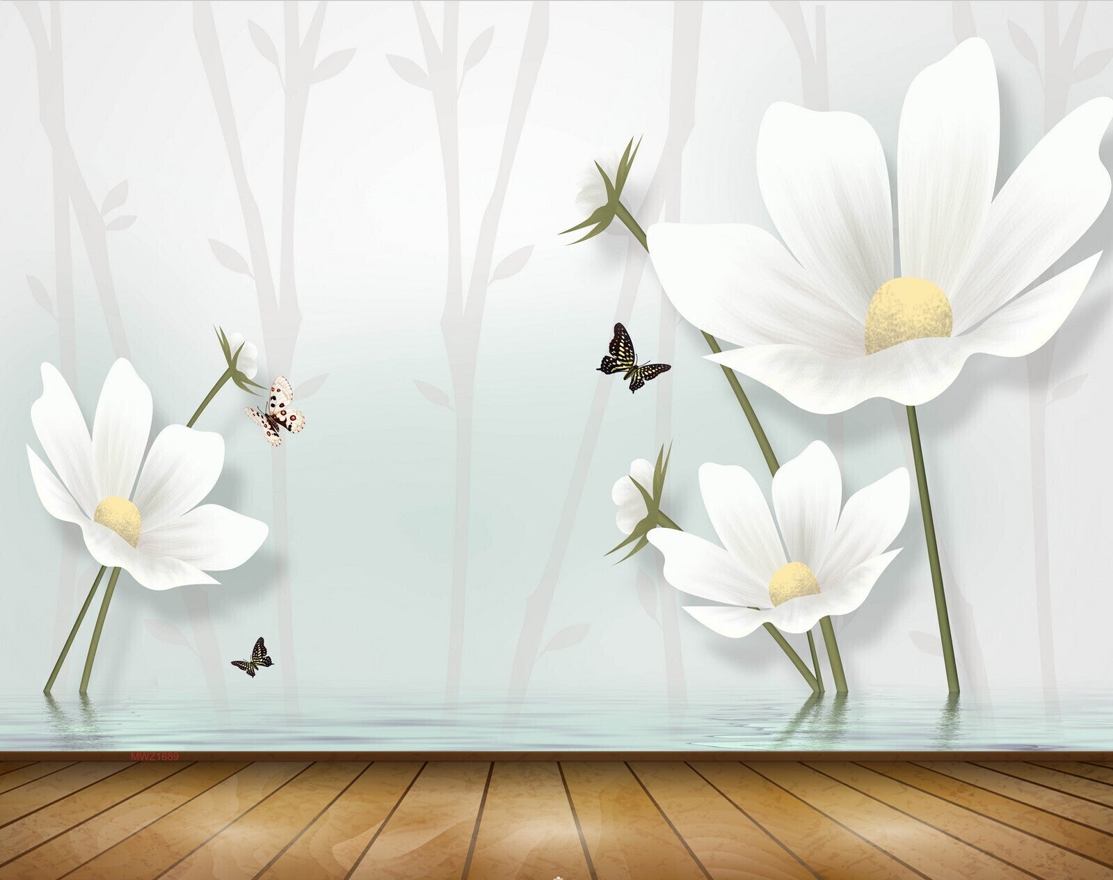 Avikalp MWZ1689 White Flowers Butterflies 3D HD Wallpaper