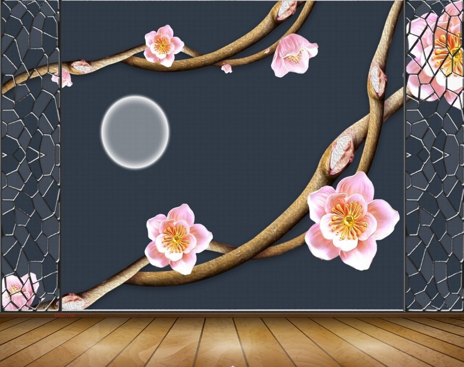 Avikalp MWZ1708 Pink White Flowers Moon Branches 3D HD Wallpaper