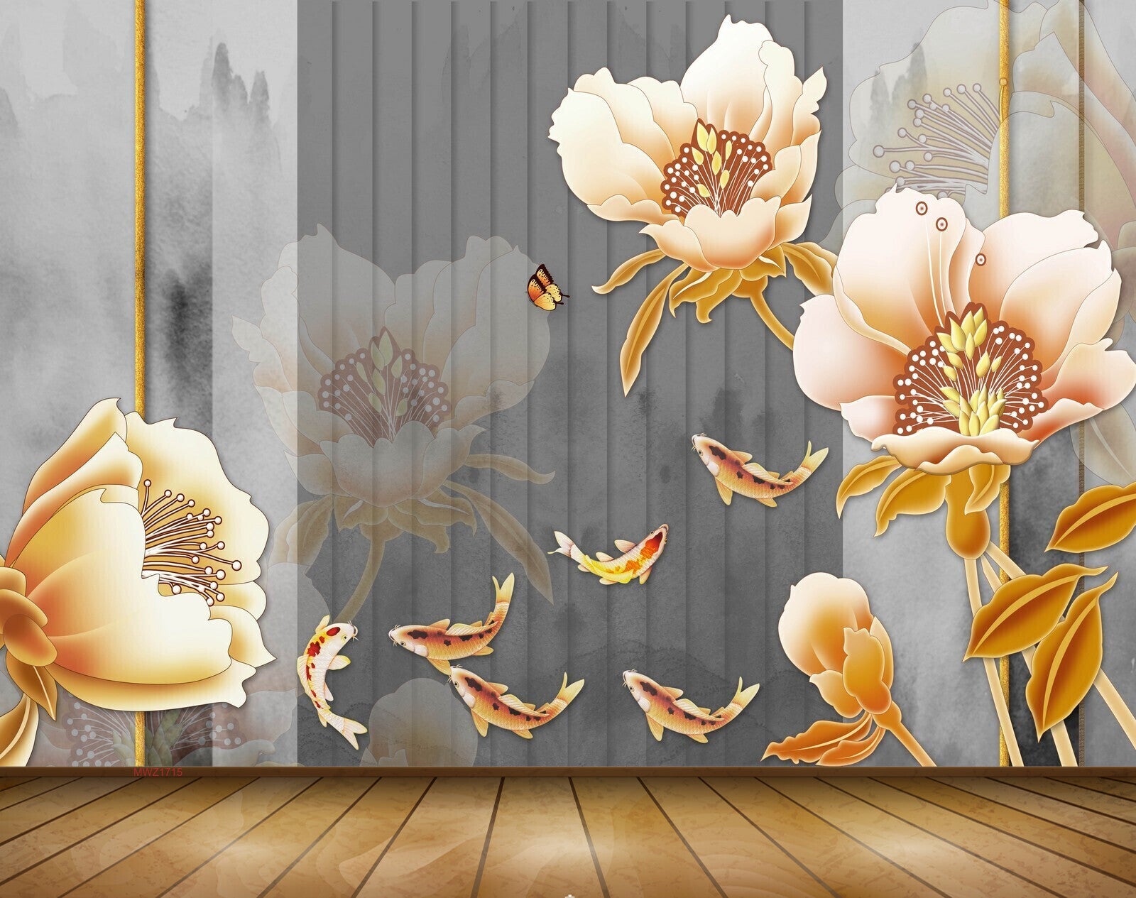 Avikalp MWZ1715 Orange White Flowers Fishes Butterflies 3D HD Wallpaper