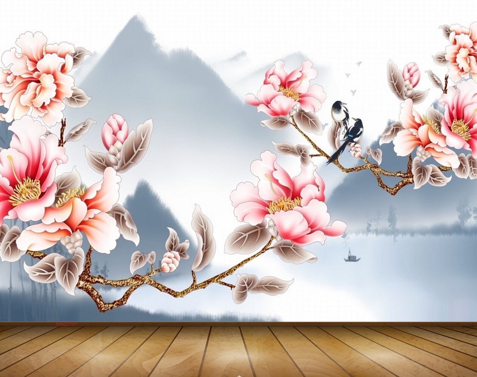 Avikalp MWZ1741 Pink White Flowers Birds 3D HD Wallpaper