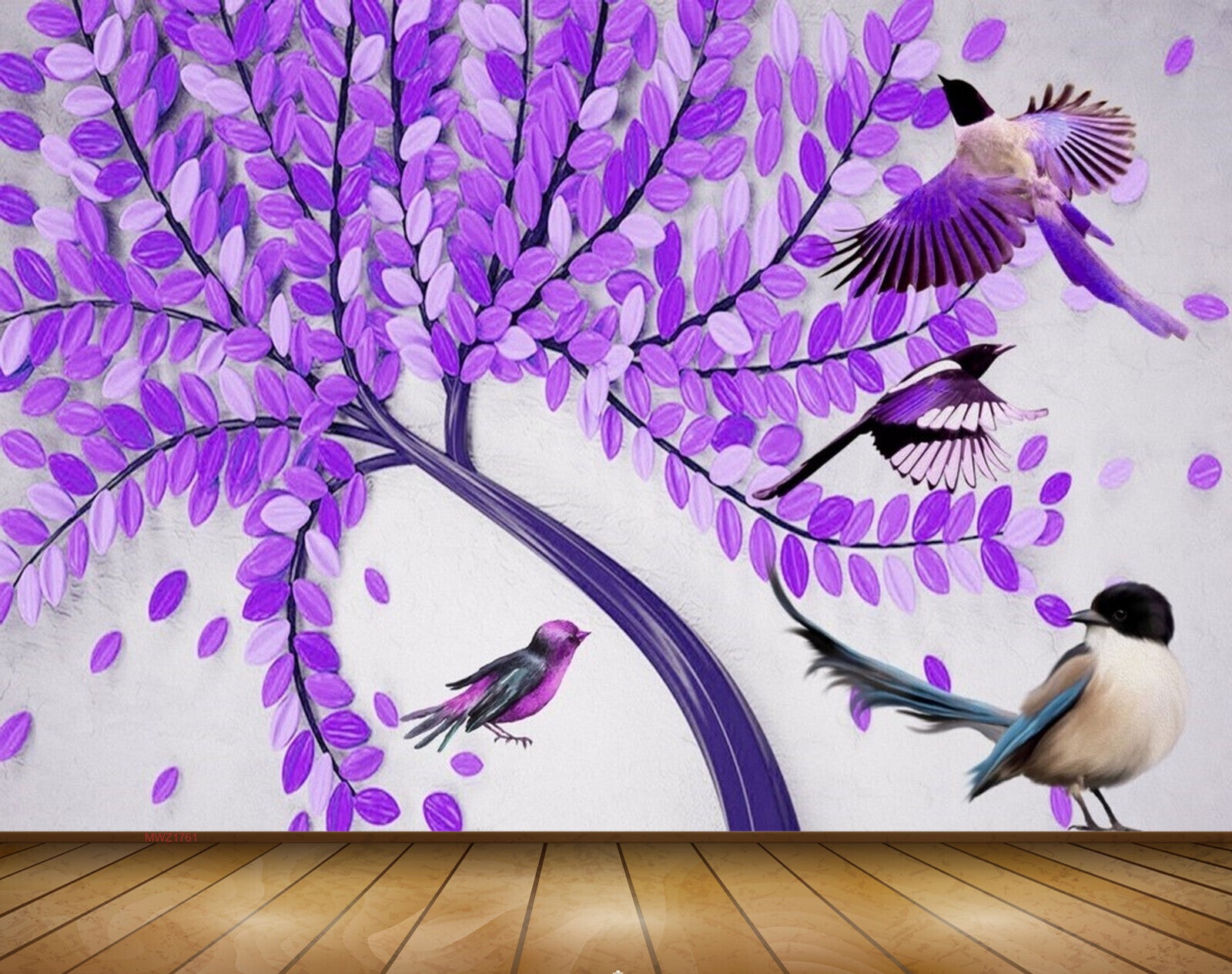 Avikalp MWZ1761 Purple Flowers Birds 3D HD Wallpaper