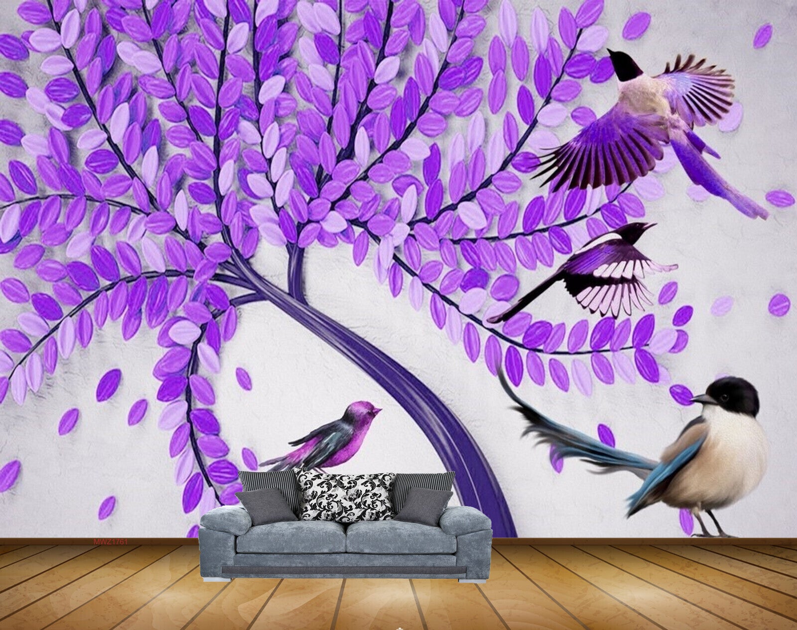 Avikalp MWZ1761 Purple Flowers Birds 3D HD Wallpaper