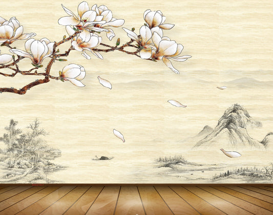 Avikalp MWZ1847 White Flowers Branches Mountains 3D HD Wallpaper