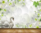 Avikalp MWZ1865 White Flowers Swans 3D HD Wallpaper