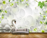 Avikalp MWZ1865 White Flowers Swans 3D HD Wallpaper