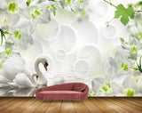 Avikalp MWZ1865 White Flowers Swans 3D HD Wallpaper