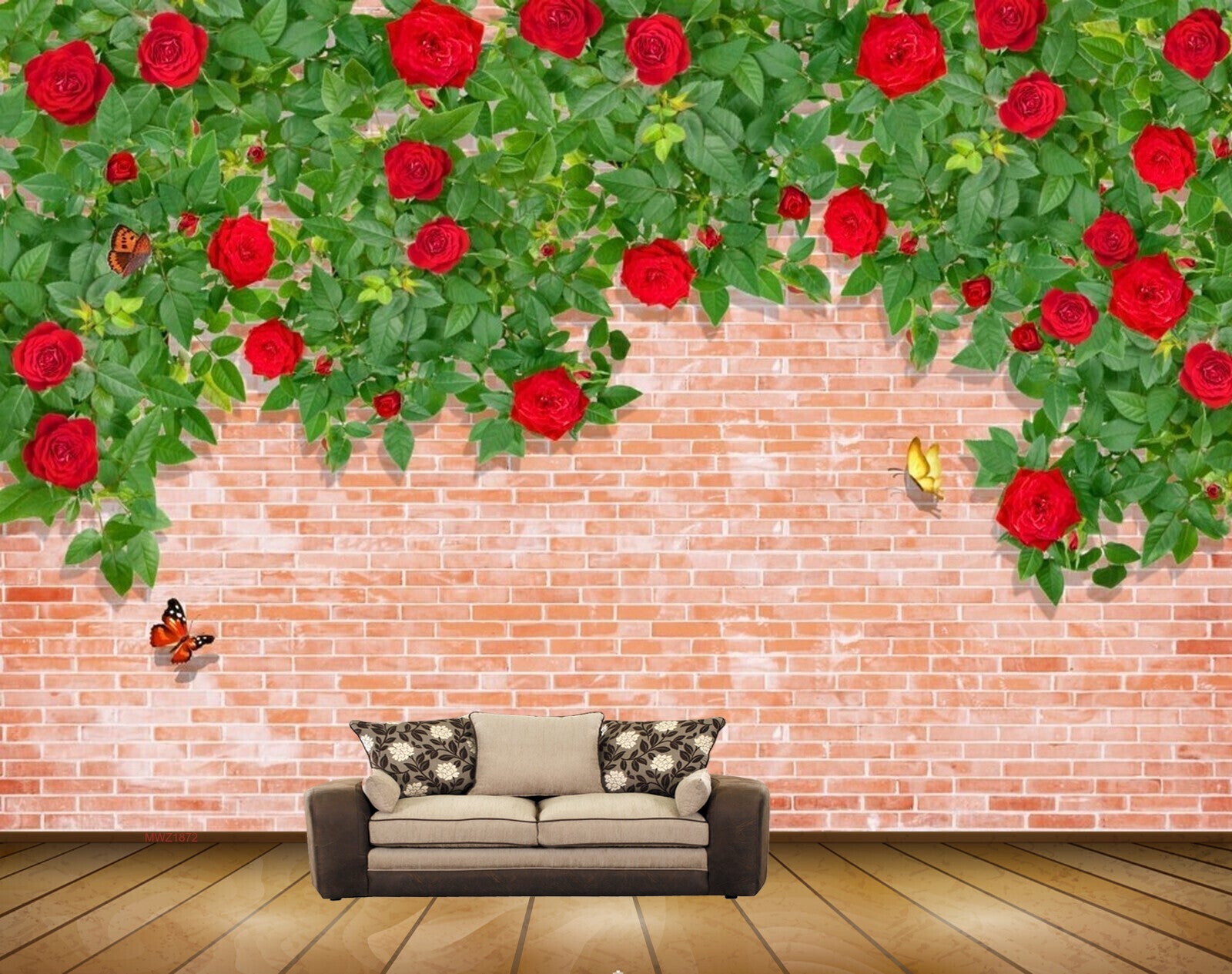 Avikalp MWZ1872 Red Rose Flowers Butterflies 3D HD Wallpaper