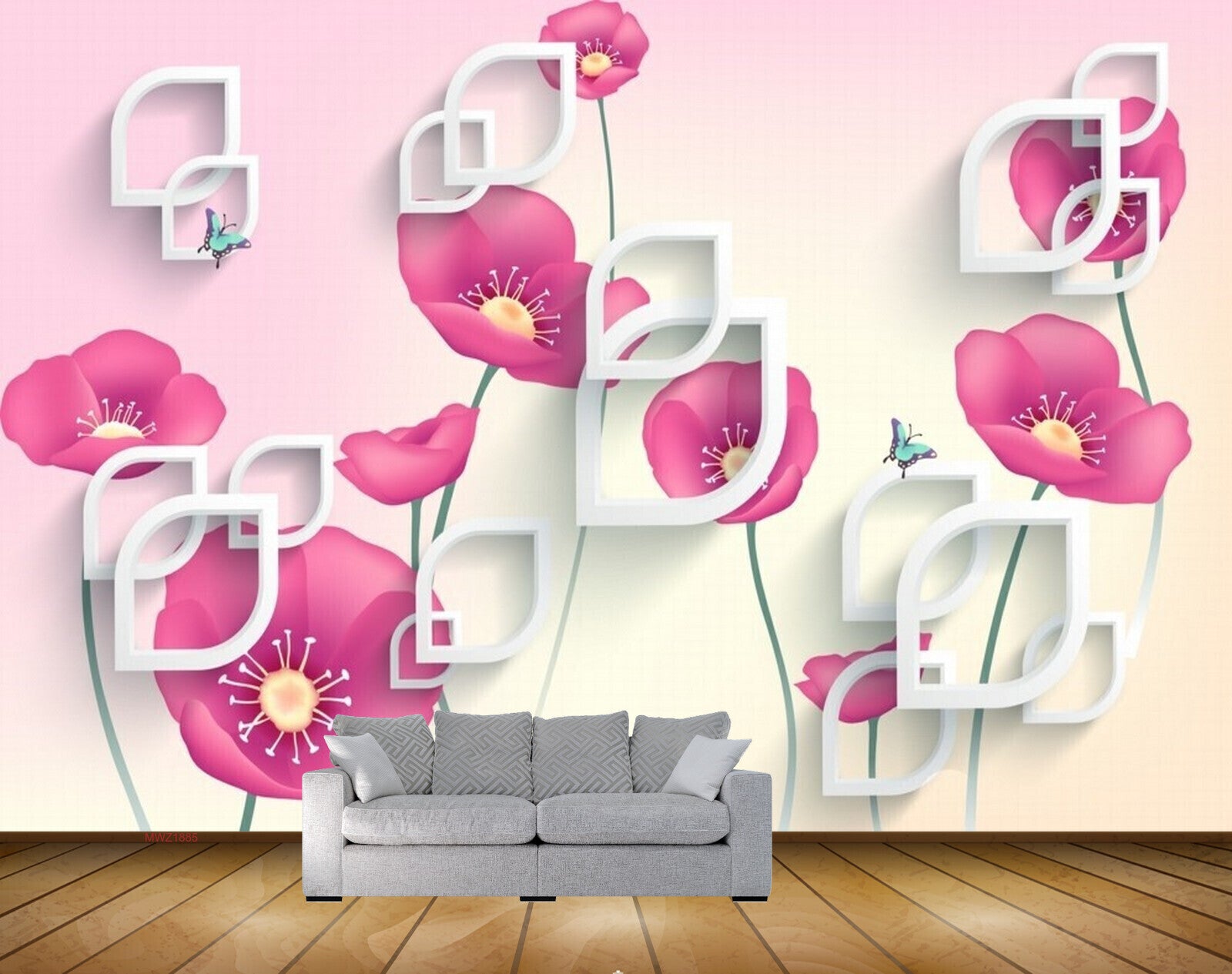 Avikalp MWZ1885 Pink Flowers Butterflies 3D HD Wallpaper