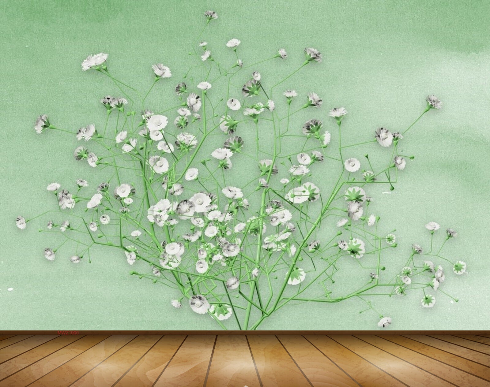 Avikalp MWZ1900 White Green Flowers 3D HD Wallpaper