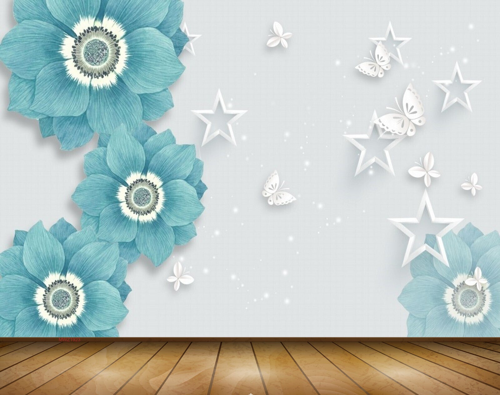 Avikalp MWZ1923 Blue White Flowers Stars Butterflies 3D HD Wallpaper