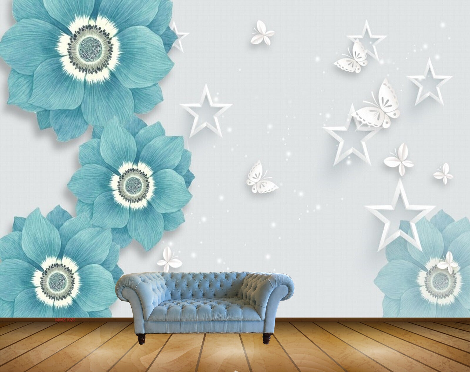 Avikalp MWZ1923 Blue White Flowers Stars Butterflies 3D HD Wallpaper