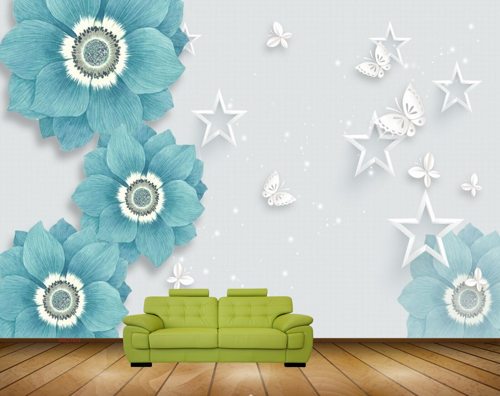 Avikalp MWZ1923 Blue White Flowers Stars Butterflies 3D HD Wallpaper