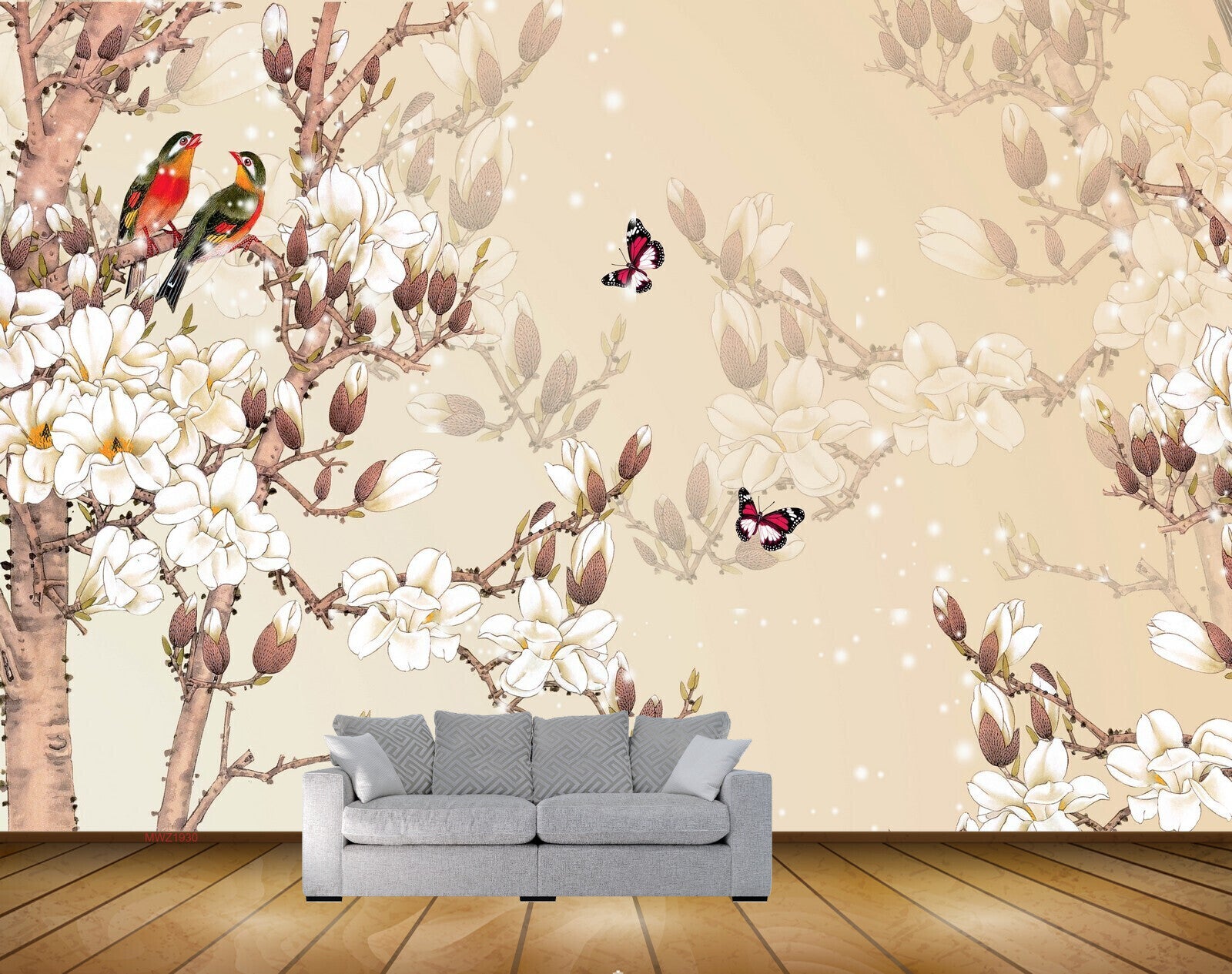 Avikalp MWZ1930 Peach White Flowers Butterflies Birds HD Wallpaper