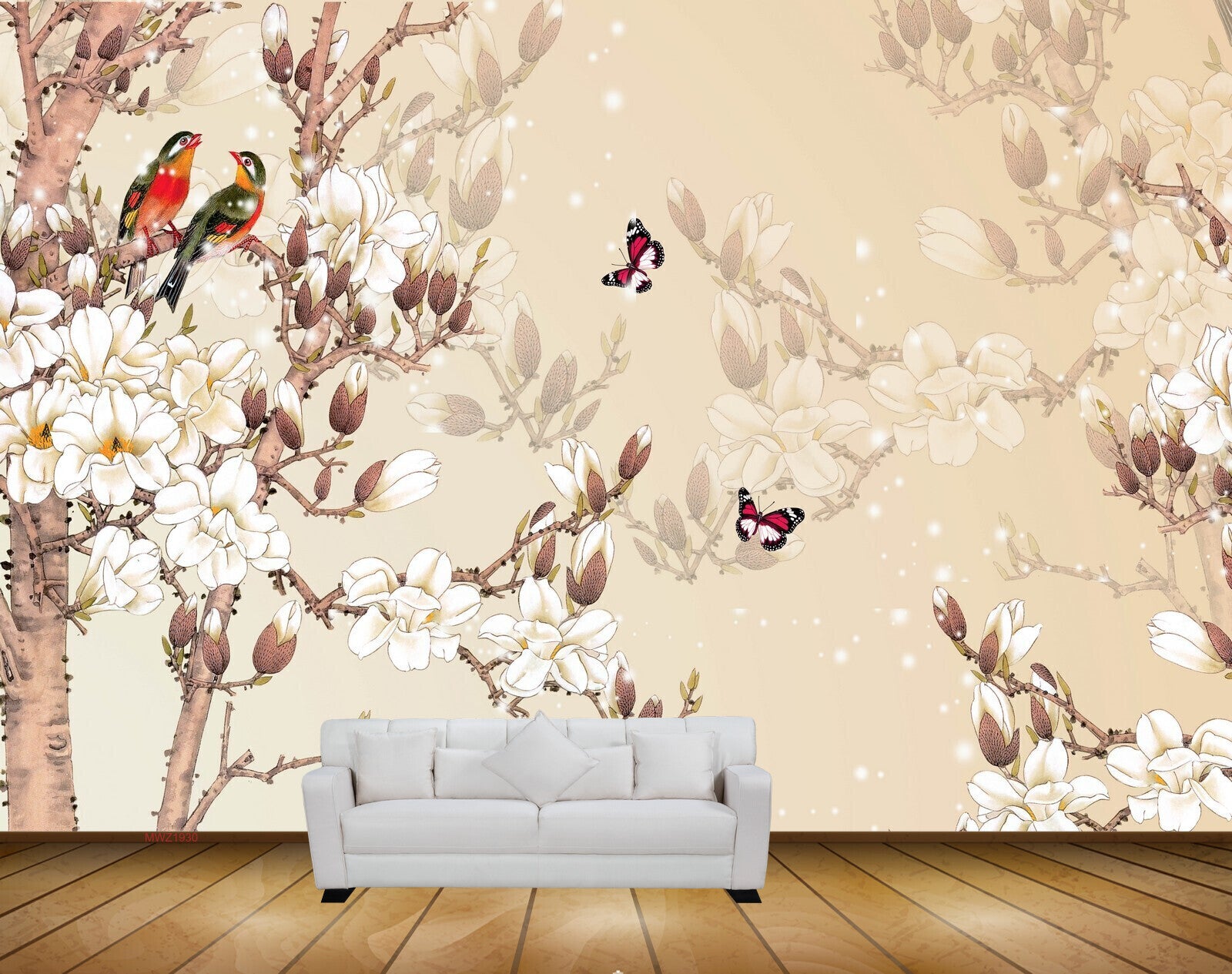 Avikalp MWZ1930 Peach White Flowers Butterflies Birds 3D HD Wallpaper