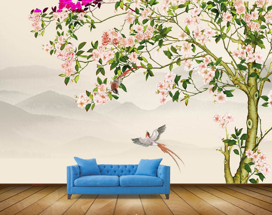 Avikalp MWZ1931 Pink White Flowers Birds Leaves HD Wallpaper