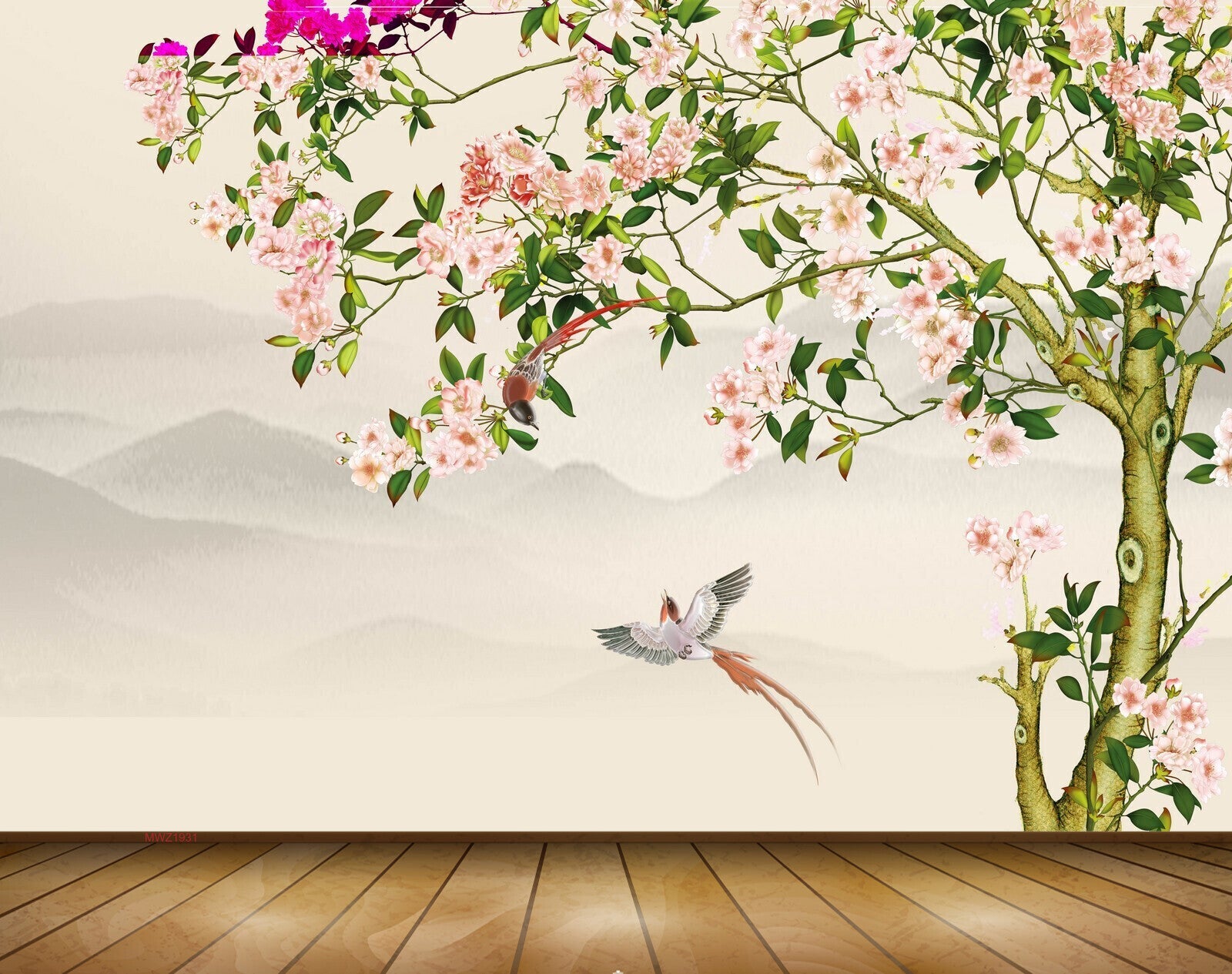 Avikalp MWZ1931 Pink White Flowers Birds Leaves 3D HD Wallpaper