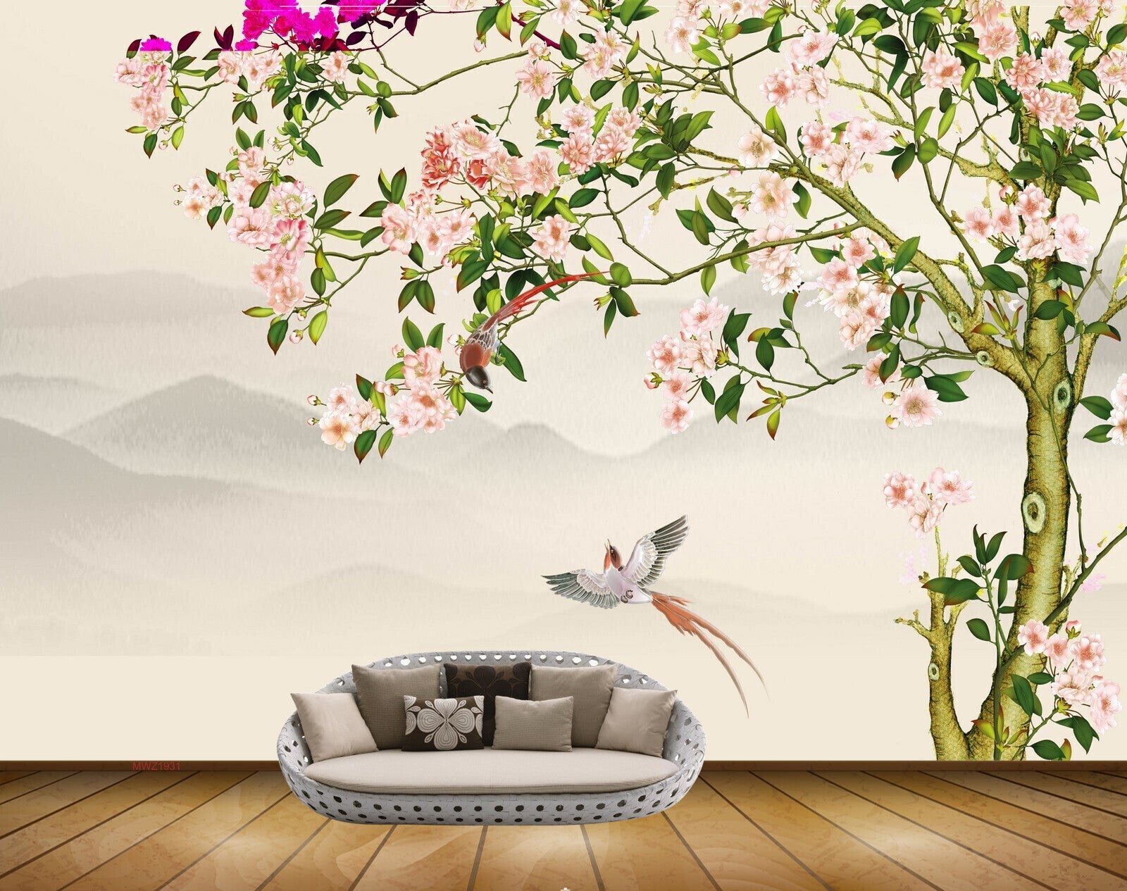 Avikalp MWZ1931 Pink White Flowers Birds Leaves 3D HD Wallpaper