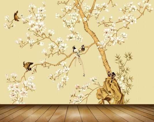 Avikalp MWZ1932 White Golden Flowers Tree Birds 3D HD Wallpaper