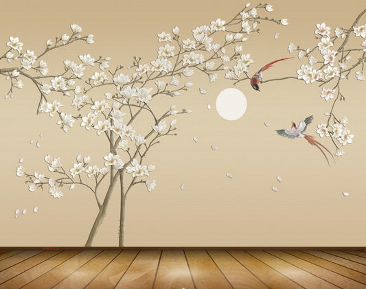 Avikalp MWZ1933 White Flowers Moon Birds 3D HD Wallpaper