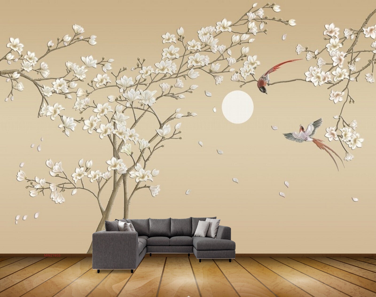 Avikalp MWZ1933 White Flowers Moon Birds 3D HD Wallpaper