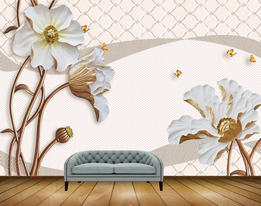 Avikalp MWZ1942 White Golden Flowers Butterflies HD Wallpaper