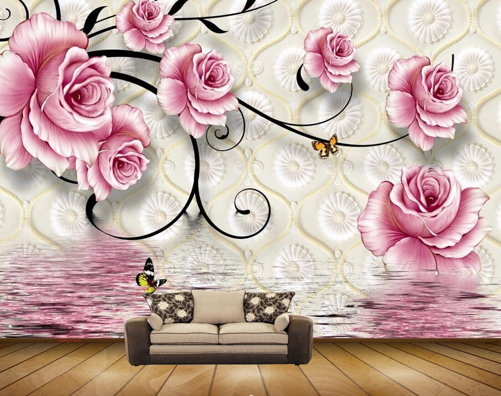 Avikalp MWZ1946 Pink Flowers Butterflies HD Wallpaper