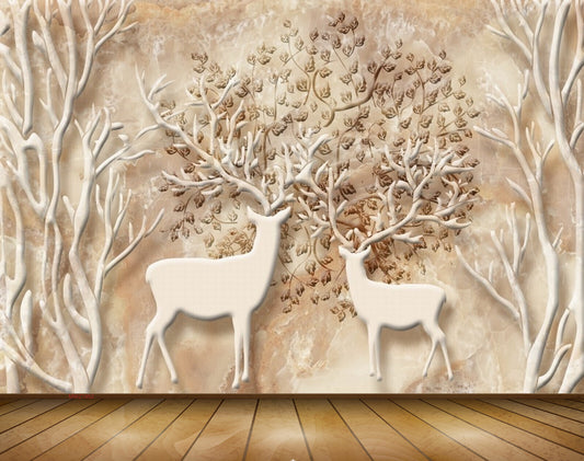 Avikalp MWZ1952 Deers Trees Leaves Branches 3D HD Wallpaper