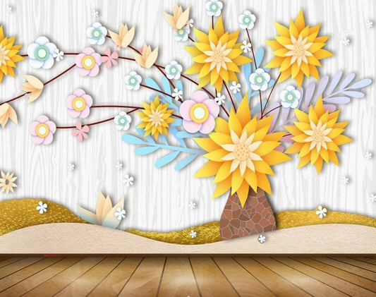 Avikalp MWZ1979 Yellow Pink Blue Flowers Tree 3D HD Wallpaper