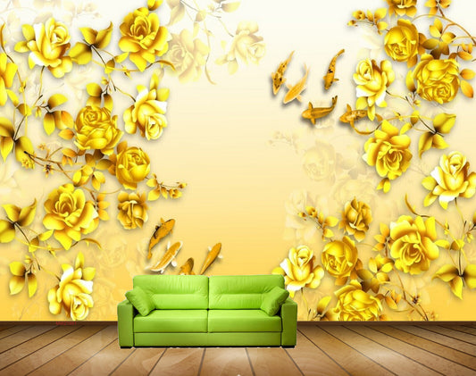 Avikalp MWZ1981 Golden Flowers Fishes HD Wallpaper