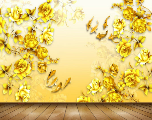 Avikalp MWZ1981 Golden Flowers Fishes 3D HD Wallpaper