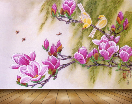 Avikalp MWZ1993 Pink White Flowers Bees Birds 3D HD Wallpaper