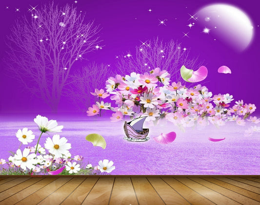 Avikalp MWZ1994 White Purple Flowers Tree Moon 3D HD Wallpaper