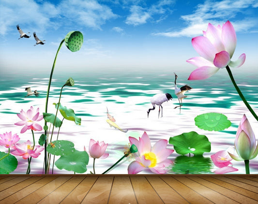 Avikalp MWZ1998 Pink White Flowers Burds Cranes 3D HD Wallpaper