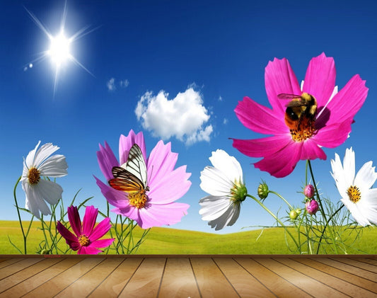 Avikalp MWZ2004 Pink White Flowers Butterflies Sun 3D HD Wallpaper