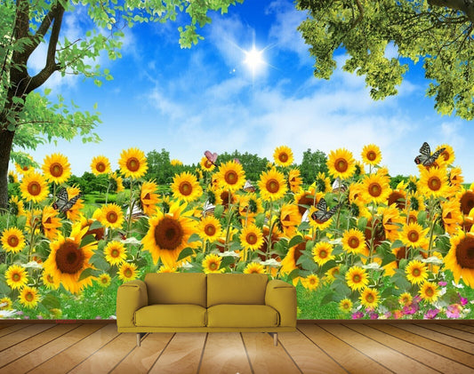 Avikalp MWZ2007 Yellow Sunflowers Trees Butterflies HD Wallpaper