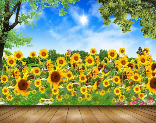 Avikalp MWZ2007 Yellow Sunflowers Trees Butterflies 3D HD Wallpaper