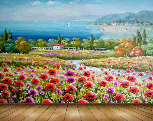 Avikalp MWZ2008 Red Pink Flowers House Sea 3D HD Wallpaper