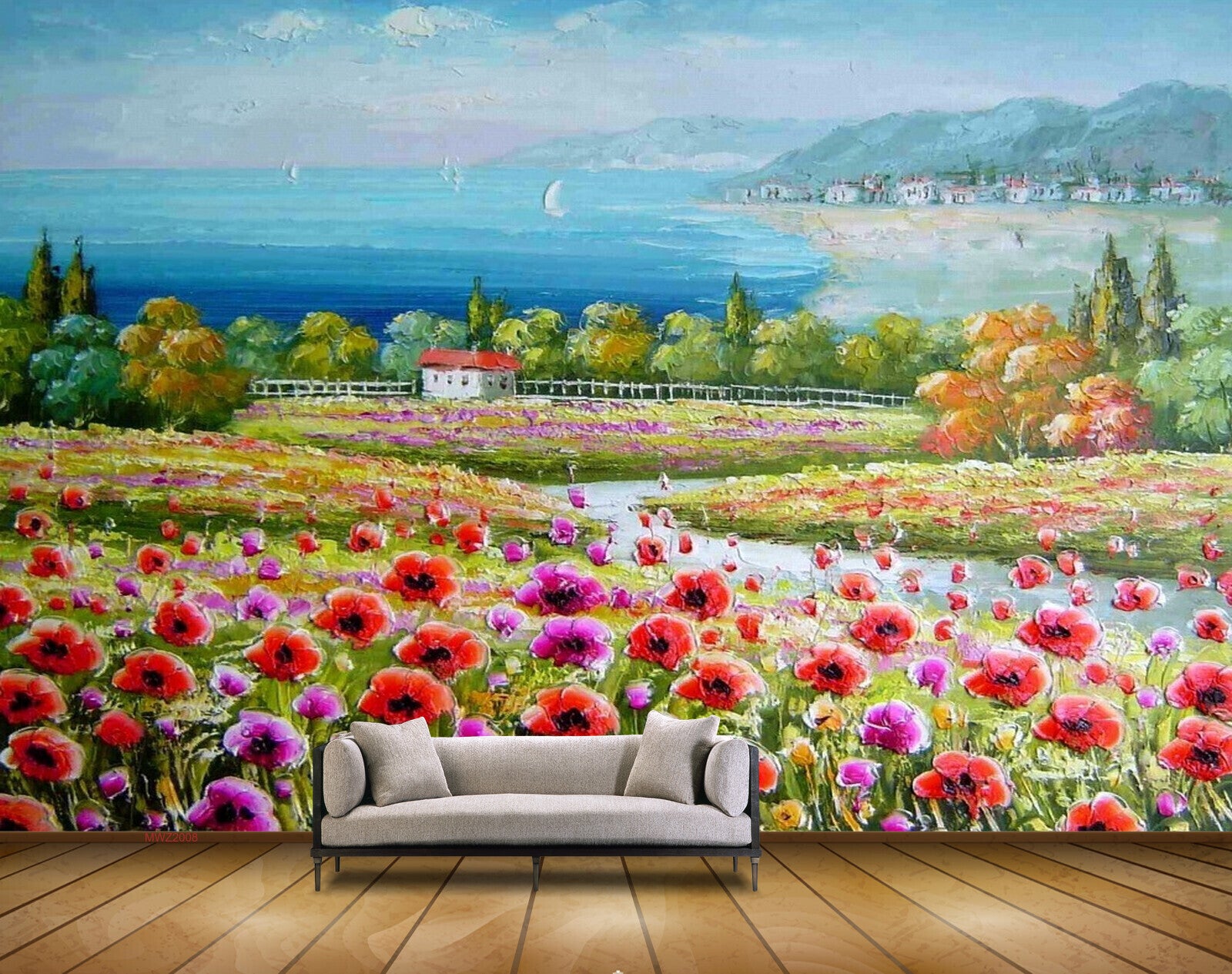 Avikalp MWZ2008 Red Pink Flowers House Sea 3D HD Wallpaper