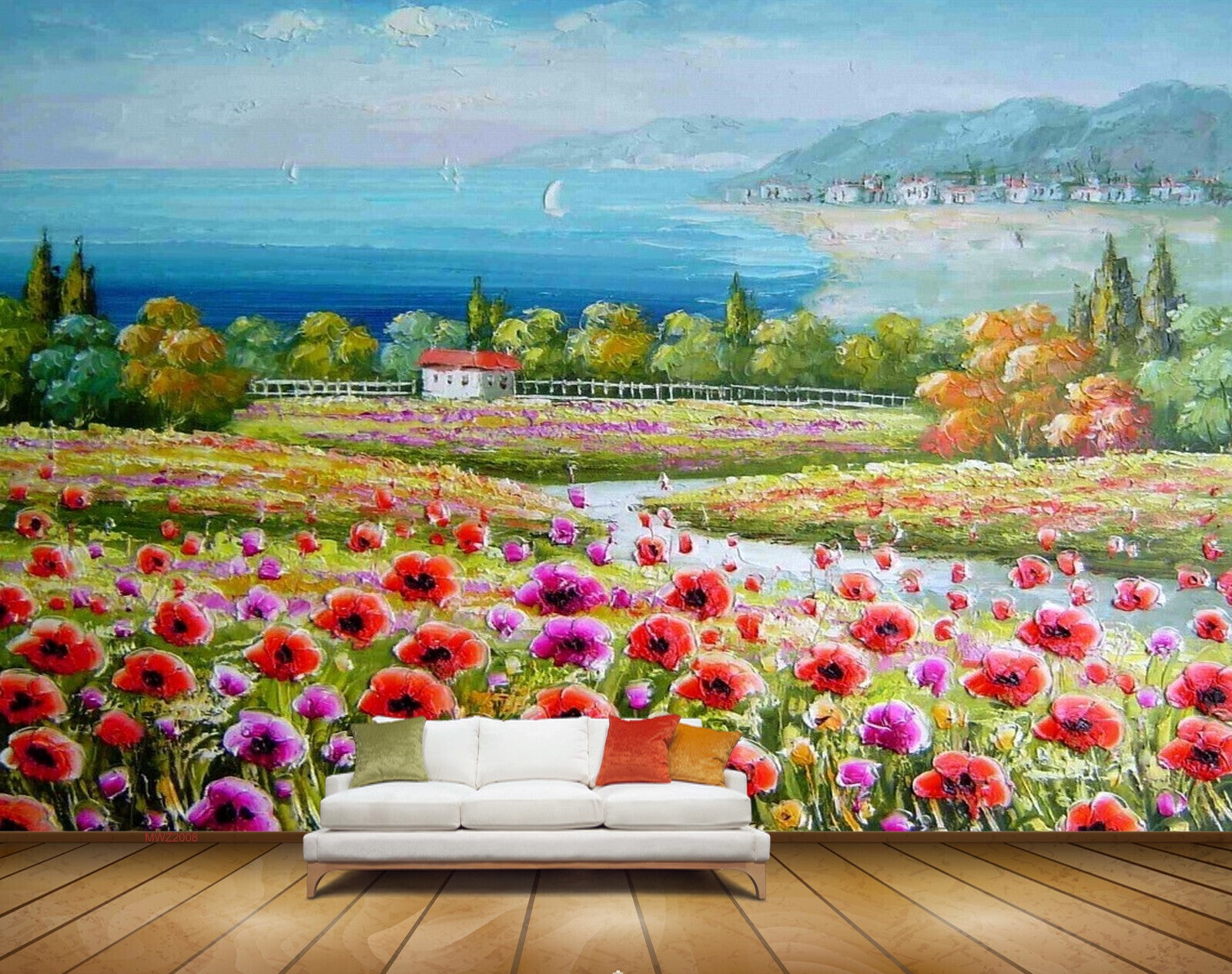 Avikalp MWZ2008 Red Pink Flowers House Sea 3D HD Wallpaper