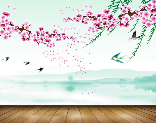 Avikalp MWZ2012 Pink White Flowers Birds 3D HD Wallpaper