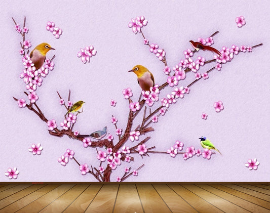 Avikalp MWZ2022 Pink White Flowers Birds 3D HD Wallpaper