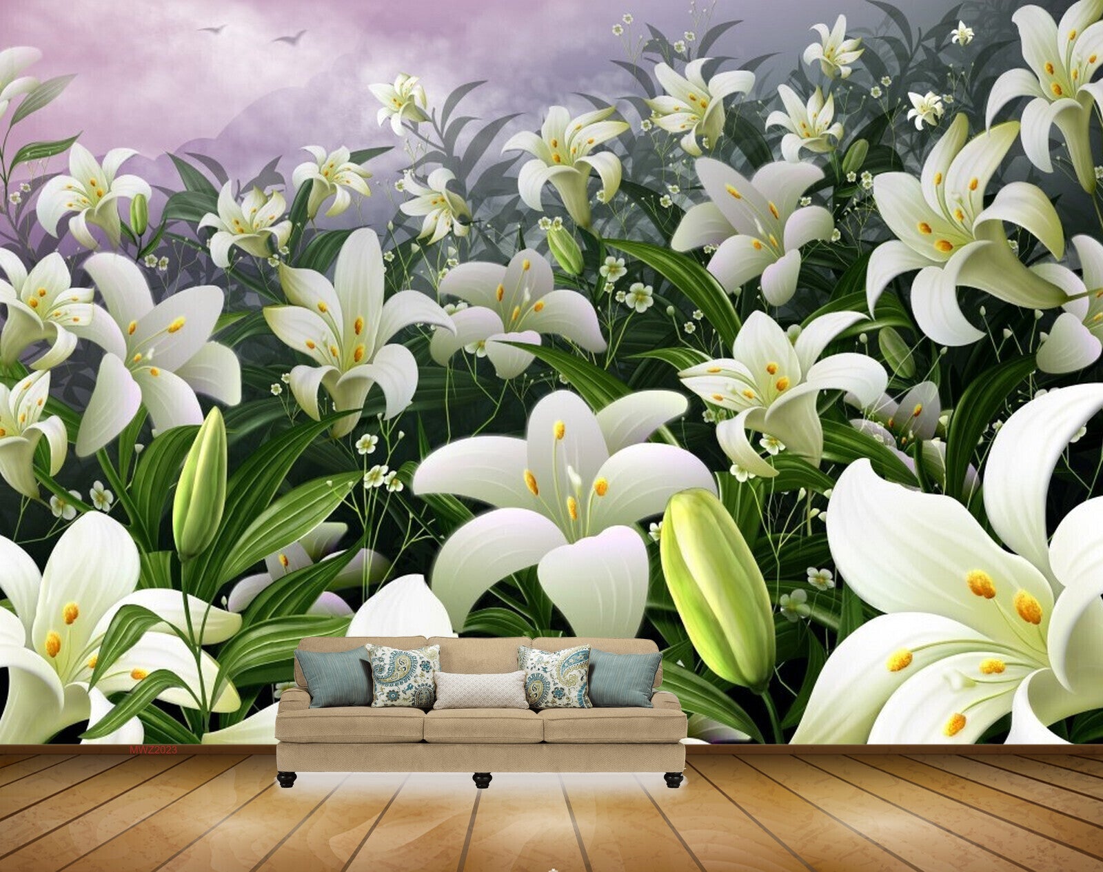 Avikalp MWZ2023 White Green Flowers Plants 3D HD Wallpaper