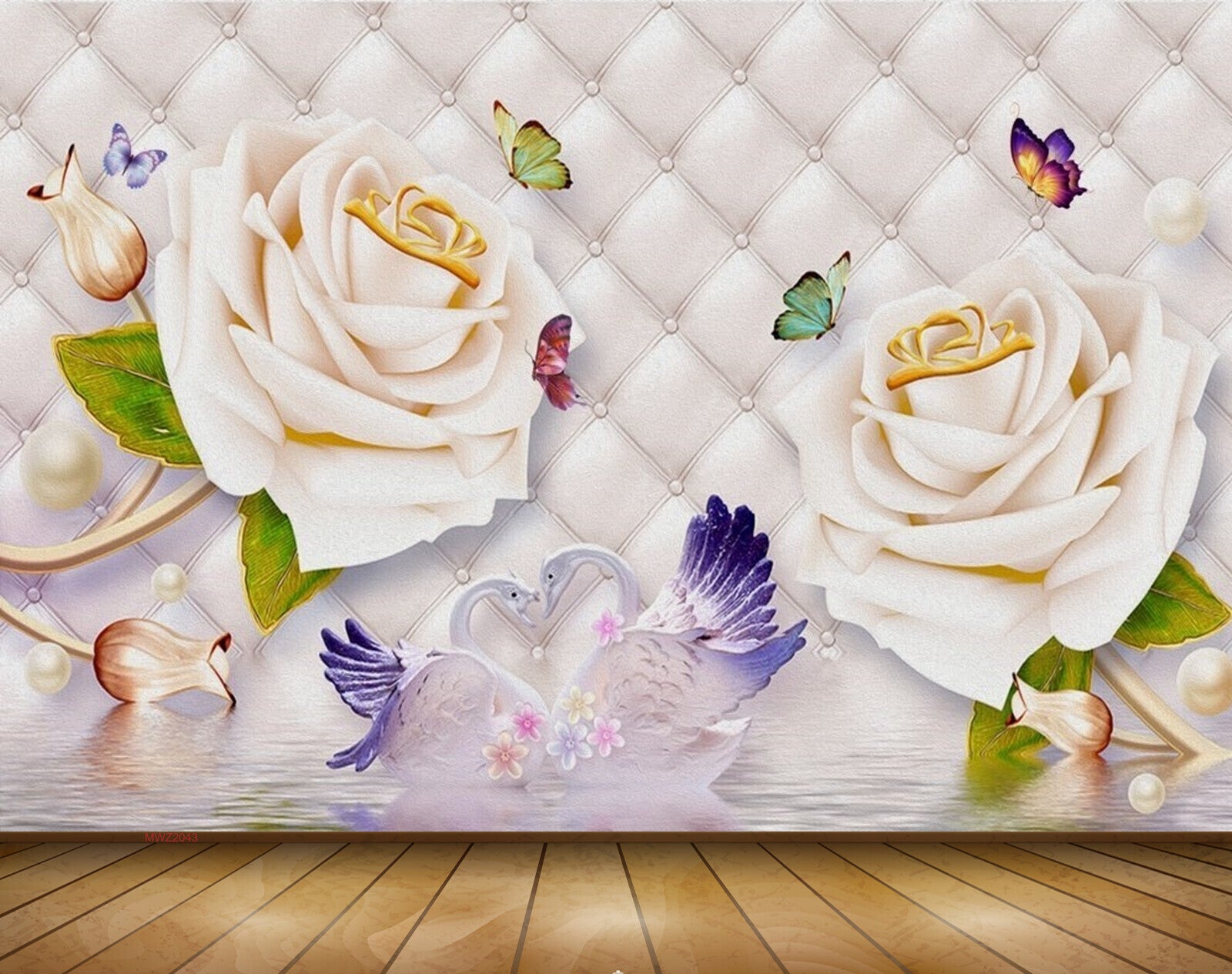 Avikalp MWZ2043 White Rise Flowers Cranes Butterflies 3D HD Wallpaper