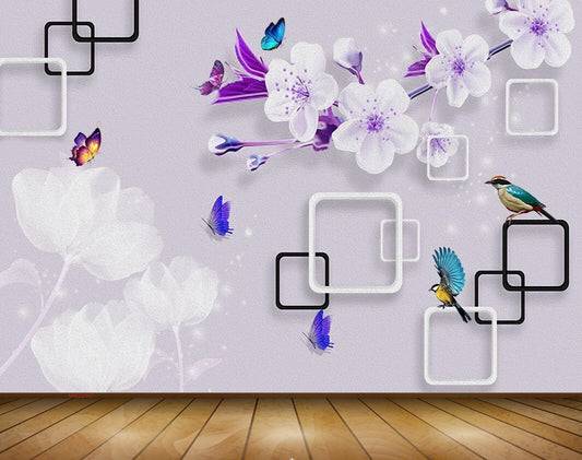 Avikalp MWZ2047 Purple White Flowers Butterflies Birds 3D HD Wallpaper