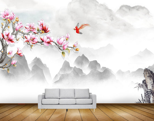 Avikalp MWZ2048 Pink Flowers Birds Clouds HD Wallpaper